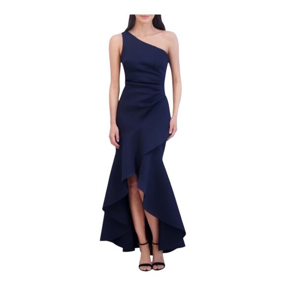 Eliza J One-Shoulder Side Pleat Ruffle scuba Gown dress navy size 10 - Picture 1 of 8